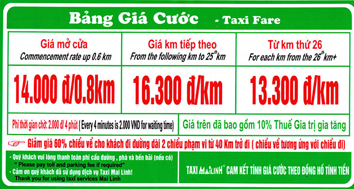 Bảng Giá dịch vụ Taxi Mai Linh Hải Phòng