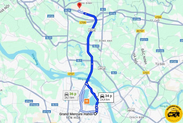 Lộ trình di chuyển từ khách sạn Grand Mercure Hanoi đi Nội Bài
