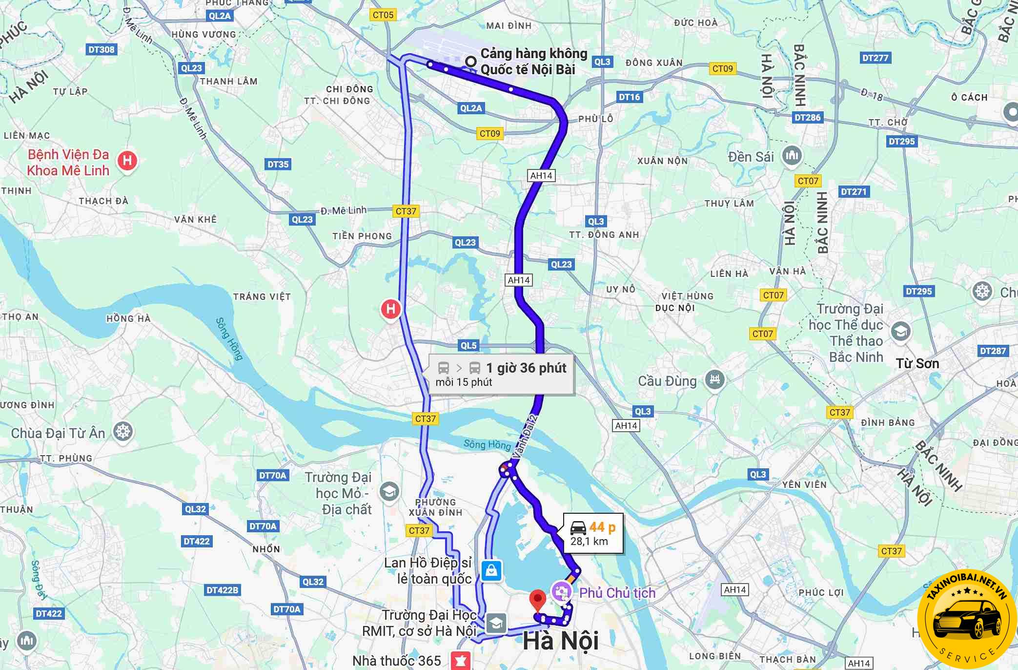 lộ trình và thời gian di chuyển từ Ba Đình đi sân bay Nội Bài