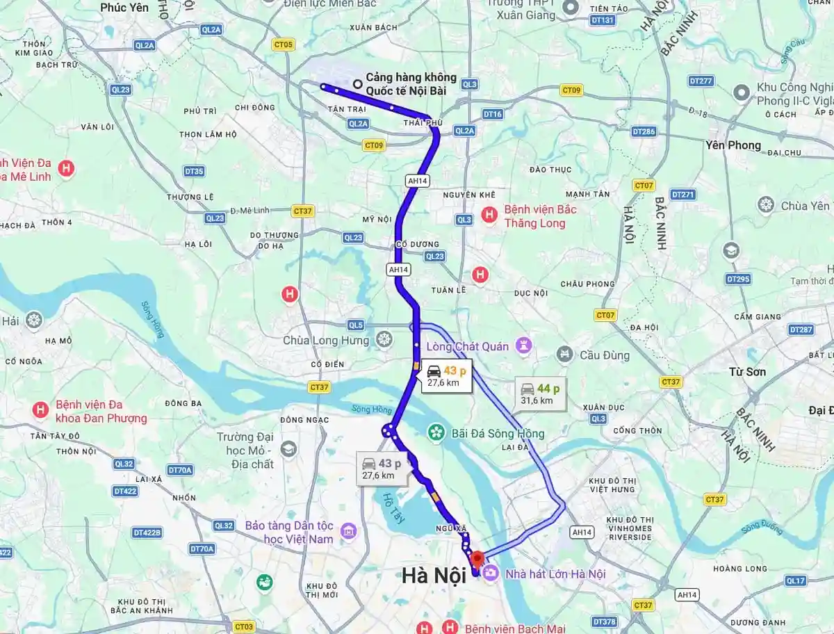 Khoang cach va thoi gian di chuyen tu Noi Bai ve Ha Noi